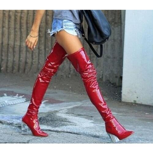 Spring Autumn Clear-Heel Calfskin Patent Booties Plexi-Heel Over The Knee Black Latex Thigh High Boots beautiful Womens 9cm hee