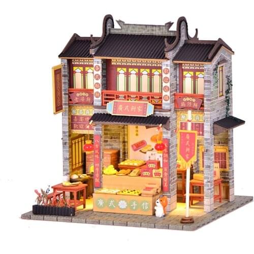 DIY Cantonese Breakfast Shop Cottage Wooden Doll House Kit Miniature with Furniture Light Dollhouse Casa Toys for Adults Gifts