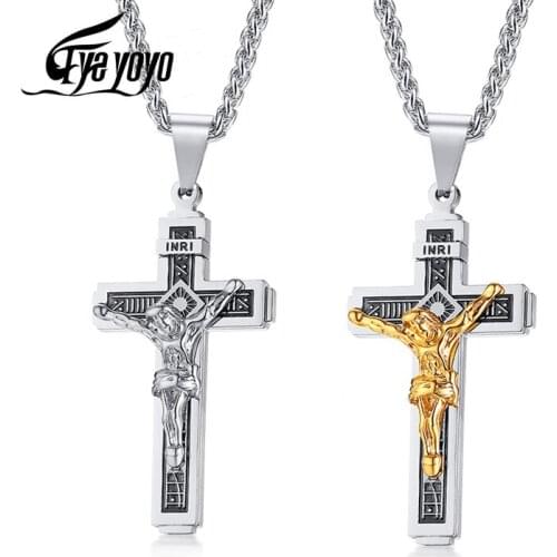 EyeYoYo Jesus Cross Pendant Necklace Mens Stainless Steel Crucifix Eastern Orthodox Pendant Chain Necklace Jewelry