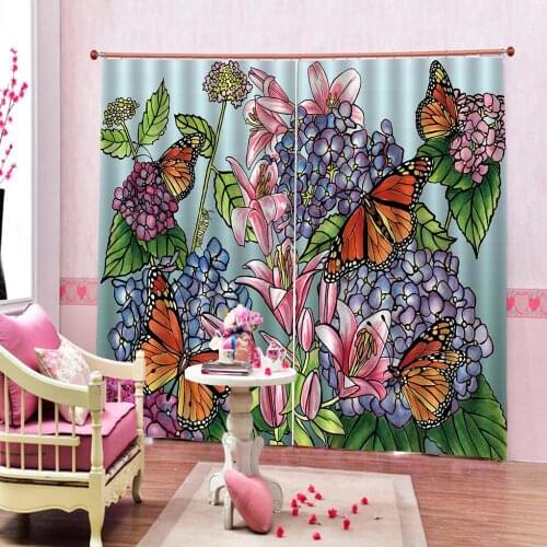 Pastoral Oil Painting Colorful Butterfly Flower Photo Printed Window Curtain For Living room Bedroom Blackout Drapes Decor Sets