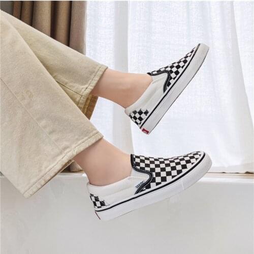 Black White Plaid Canvas Shoes for Women 2021 Flat Casual Shoes Men Summer Autumn Plaid Female Casual Ladies Lazy Sneaker