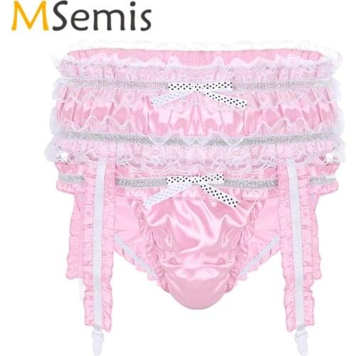Mens Lingerie Male Underwear for Gay Men Bikini Sissy Panties Soft Shiny Satin Ruffled Frilly Stretchy Sissy Briefs with Garters
