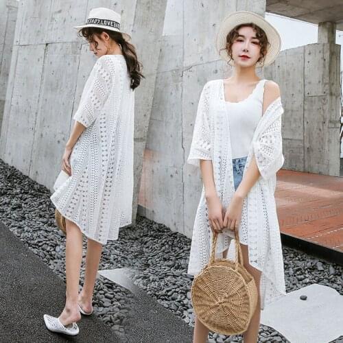 New Summer Swimsuit Lace Hollow Crochet Beach Bikini Cover Up 3/4 Sleeve Women Tops Swimwear Beach Dress White Beach Tunic Shirt