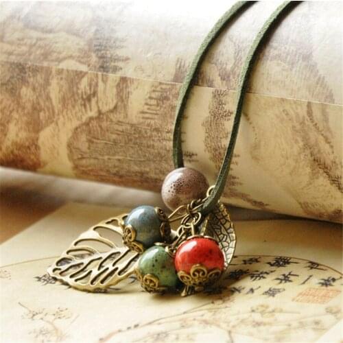 Fashion Ceramic Bead Leaf Long Necklace For Women Soft Leather Sweater Long Necklace For Women Girls Gift