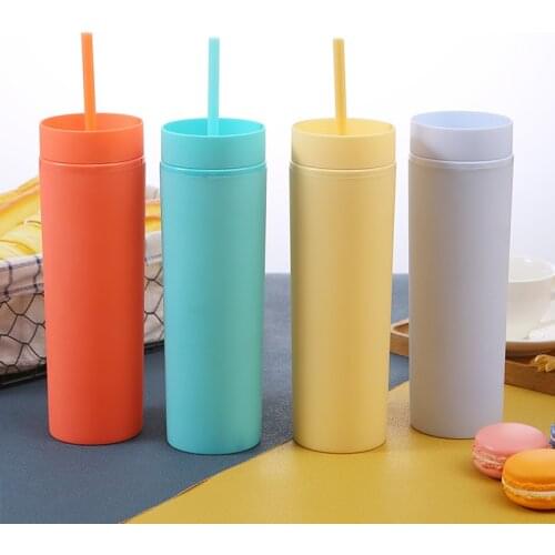 20oz Double Wall Plastic Cups with Straw BPA Free Summer Cold Drink Juice Ice Water Tumbler Skinny Drinking Bottle Frosted Clear
