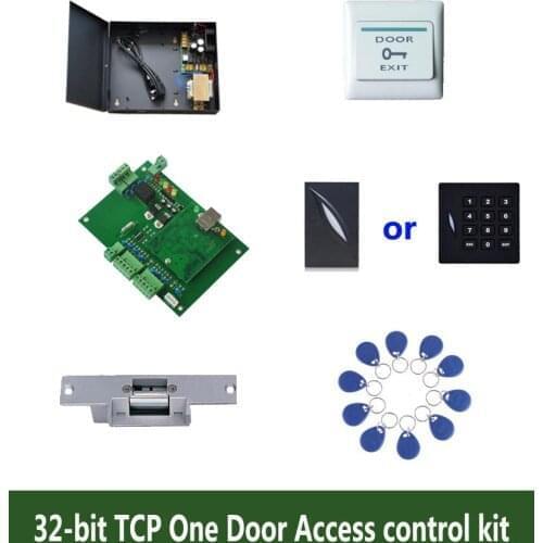RFID 32-bit access control kit,TCP/ip one door access control+powercase+strike lock +ID reader+exit button+10 ID tags,sn:kit-T01