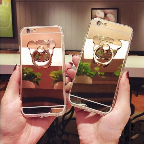Luxury Diamond Soft Case For iPhone X 8 7 Plus Mirror With 360 Metal Bear Ring For iPhone 4 4S 5s SE 6 6S Plus Cover Capa Fundas