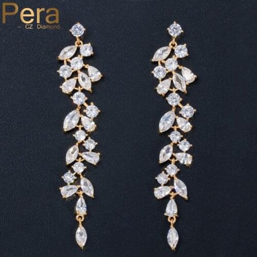 Pera Brand Irregular White Cubic Zirconia Stone Yellow Gold Long Leaf Dangle Chandelier Bridal Wedding Earrings for Brides E404