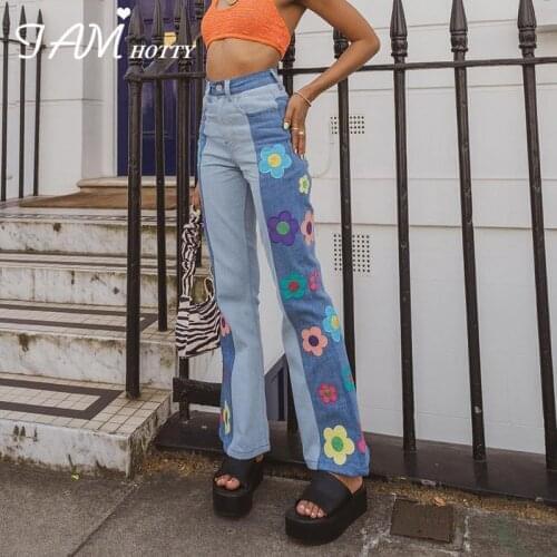 Cute Floral Patches Patchwork y2k Jeans Women High Waist Harajuku Flare Jeans Baggy Cargo Pants Aesthetic Denim Pants Iamhotty