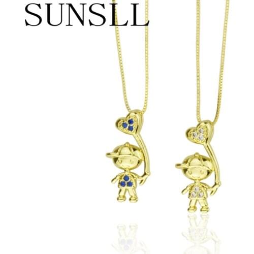 SUNSLL New gold copper pendant white/blue cubic zircon boy necklace for chirden birthday party fashion jewelry chain gifts