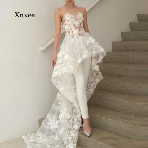 Wedding Dress Lace Mesh Short Front Long Backless Jumpsuit Sheer Tank Backless Beach Rompers Bohemia Sexy Bridal Gowns Vestido