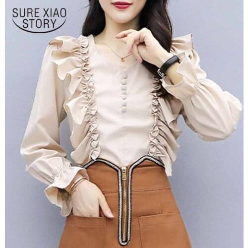 Vintage Woman Shirt Autumn V-neck Chiffon Blouse Women Elegant Ruffles Office Lady Korean Clothes Blusas with Button New 10911