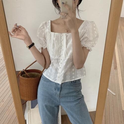 Alien Kitty Vintage Sweet Square Collar Lace Up 2021 Solid Cute Chic Retro Gentle Tops Embroidered Bubble Sleeve Short Shirts
