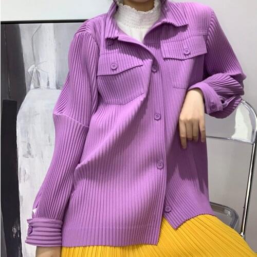 2021 spring Miyake Pleated Korean fashion Violet shirt female button slim long sleeve women shirt Safari Style designer clothes