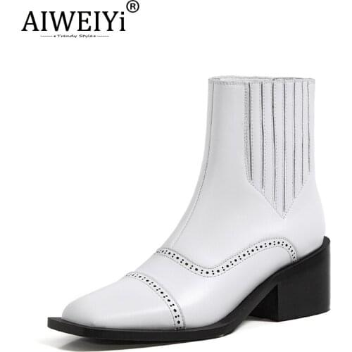 AIWEIYi Fashion Women Boots Autumn Winter Shoes Black White Chunky Platform Genuine Leather Boots Women Casual Shoes