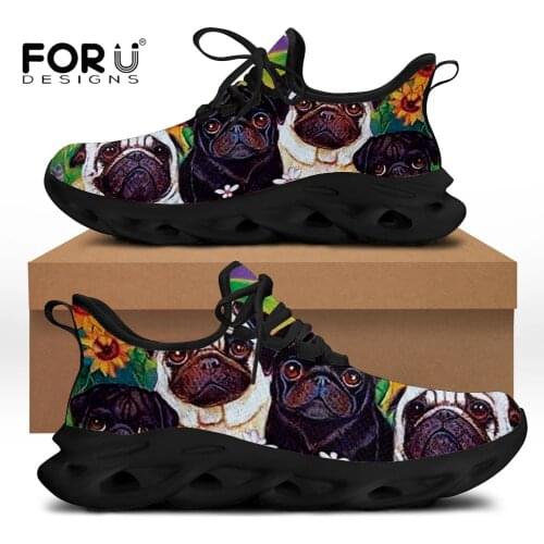 FORUDESIGNS Women Flats Sneakers Lovely Pug Dog and SunFlower Patern Lace Up Ladies Beach Casual Walking Shoes Zapatos Mujer