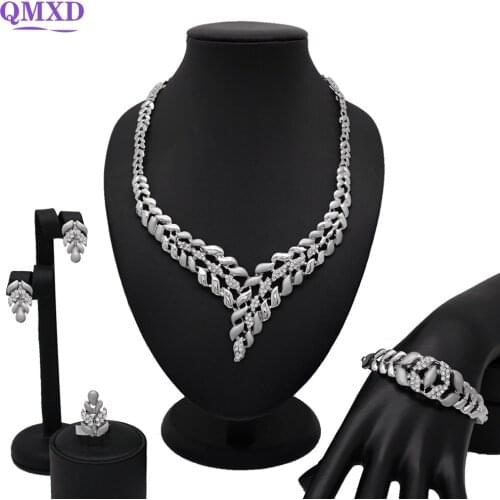 Women Silver Jewelry Set Dubai Bridal Wedding Necklace Earrings Ring Braceket Jewelry Women Nigeria Jewelry Sets