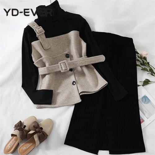 Two Pieces Sashes Turtle Neck Knitted Top +Skirt Elatic Waist Split 2020 Spring Autumn Casual Fashion Women Suit 69544