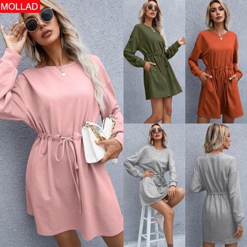 2021 Autumn and Winter Womens Clothing Temperament Crew Neck Long Sleeve Loose Dress for Women