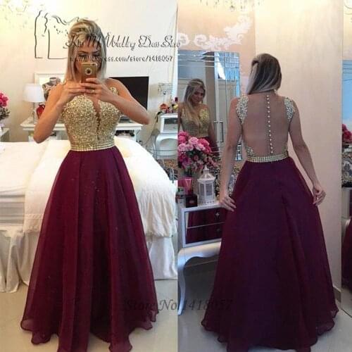 Abendkleider 2017 Formal Evening Gowns Dresses Long Burgundy Gold Lace Prom Dress Cheap Backless Beaded Vestidos de Festa