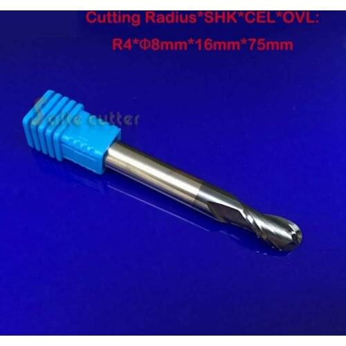 1pc radius=4mm 2 Flutes hrc55 R4*16*D8*75 solid carbide Ball nose End Mill CNC router bits tools Milling cutter