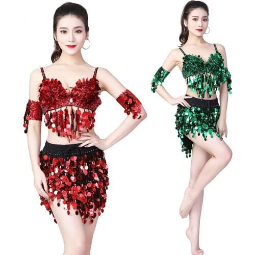 2021 XL Size Sexy Belly Dance Costumes For Women Carnival Clothing 4-Pieces Tassel Bra Top With Skirt Stage Performance Outfits