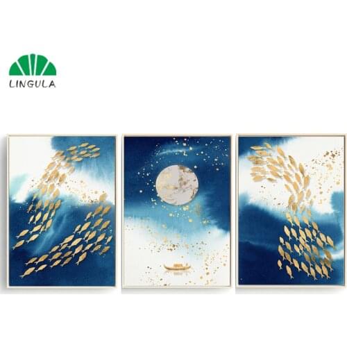 Abstract Painting Boat Ocean Fish Sea Moon Poster Nordic 3 Panels Canvas Art Print Wall Pictures for Living Room Home Decoration