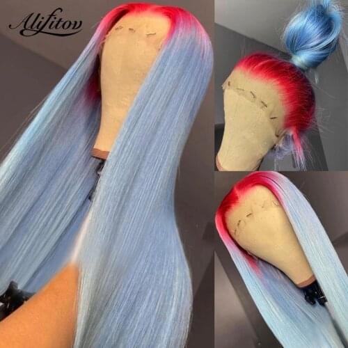 ALIFITOV Red Blue Ombre Lace Front Wig Colored Human Hair Wigs For Women Pre-Plucked Transparent Straight Human Hair Wig