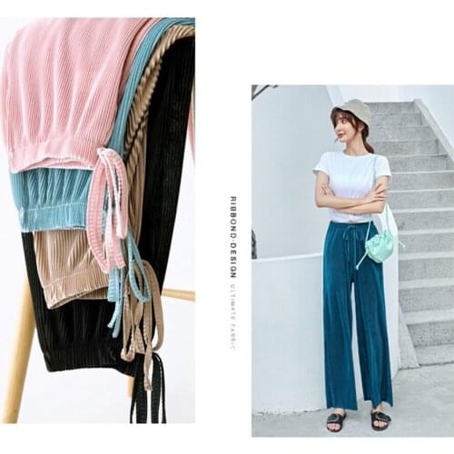 1pcs One Size Women Comfort Wide Leg Long Pants Casual Elastic High Waist Summer Loose Pleated Ice Silk Trousers for Female