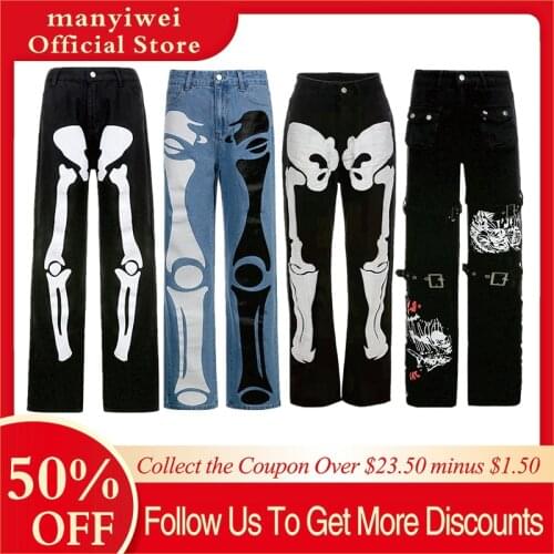 Printed Goth Baggy Wide Leg Jeans Women Low Waist Cargo Pants Dark Academic Techwear Punk Style Denim Trousers