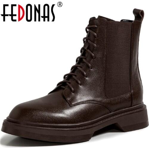 FEDONAS Vintage Shoes Woman Genuine Leather Chunky Heels Boots For Women Working Casual Office Lady Round Toe Ankle Boots Women