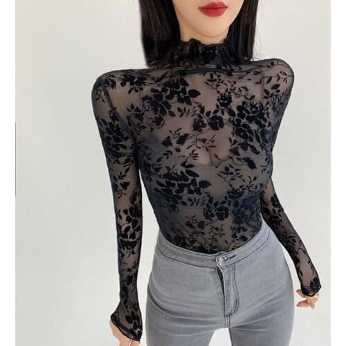 T-shirts Women Lace Sexy Mesh Thin T-shirt Top Long Sleeve Printed T-shirt Spring Tops Tee Shirt