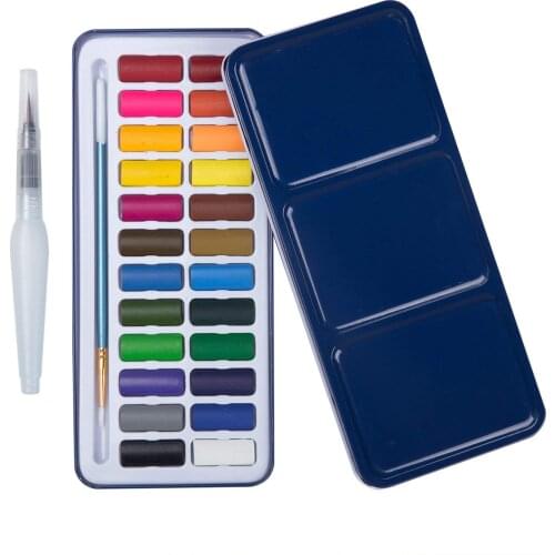 24 Assorted Colours Watercolour Paints with Tin Case Painting Pans Set Include Waterbrush Pen and Watercolour Brush