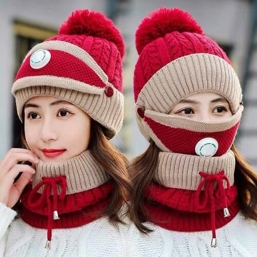 New Warm Womens Knitted Winter Soft Hat for Girls Fur Warmer Ear Cap Scarf Mask Skullies Beanies Windproof Hat