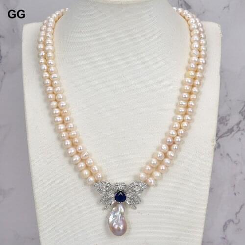 GuaiGuai Jewelry 20'' 2 Strands Natural White Pearl Necklace Butterfly Blue CZ Keshi Pearl Pendant