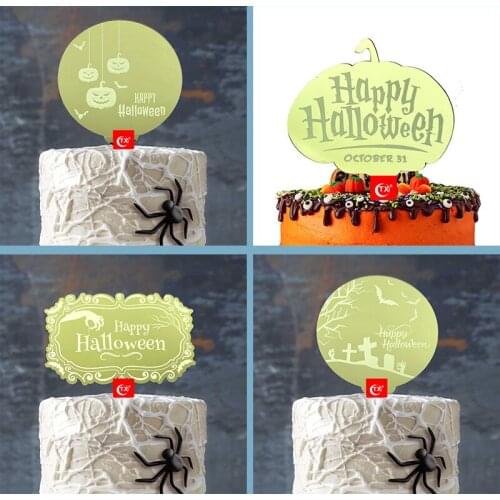 New Happy Halloween Acrylic Cake Topper Golden Pumpkin Tombstone Baking Cake Topper for Halloween Party Cake Decoration Supplies