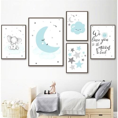 Blue Sun Cloud Moon Art Canvas Poster Star Elephant Nursery Wall Art Print Painting Nordic Wall Pictures Baby Kids Room Decor