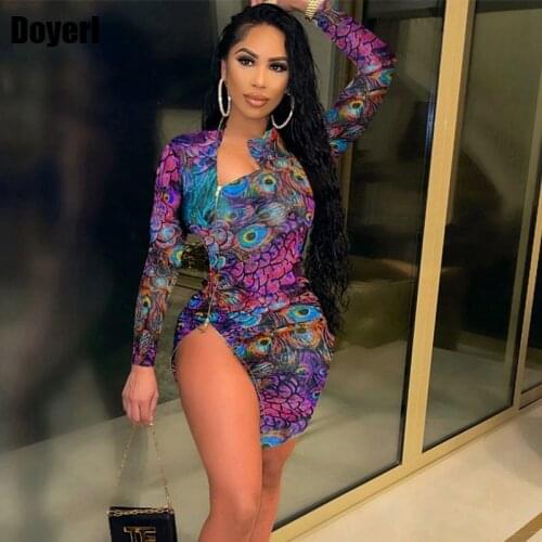 Long Sleeve Sexy Bodycon Mini Dress Women Clothing Side Zipper Peacock Print Short Elegant Party Dress Club Outfits for Women