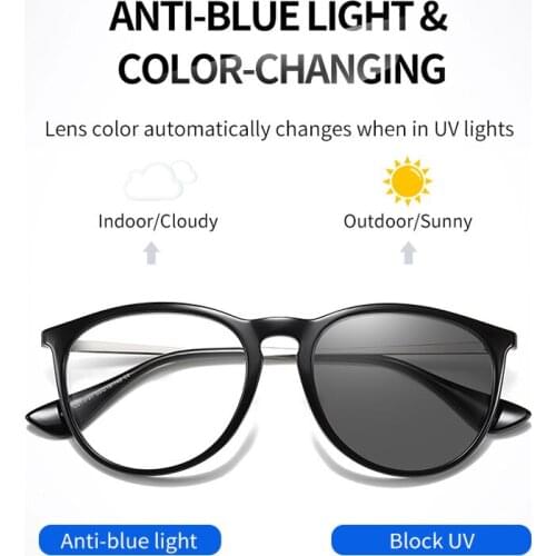 Women Anti Blue Light Glasses Photochromic Sunglasses Female Rectangle Optic 0 Degrees Automatic color change Lens TR90 Frame
