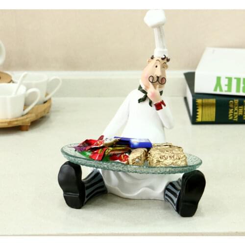 VILEAD 26cm Resin Chef Holding Fruit Plate Figurines Fashion Creative Home Restaurant Table Decoration People Miniature Ornament