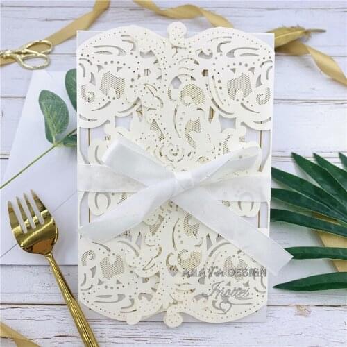 Blooming In Ivory - Unique And Gorgeous Invitation With Ivoy Rose Laser Cut Wrap And Ribbon