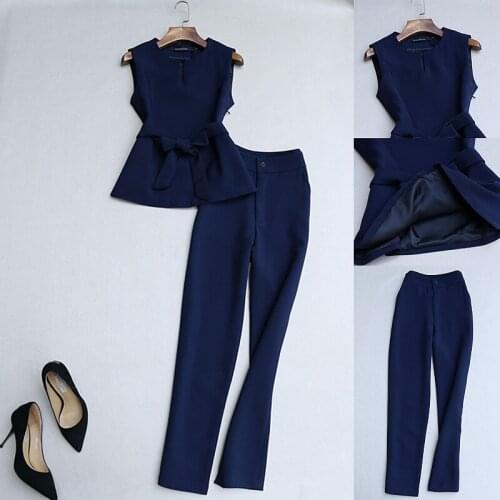 High Quality Office Lady Suit Sets Elegant Strap Wrap Waist Vest and High Waist Suit Pencil Pants One Set