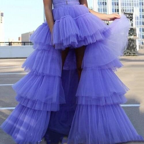 Lavender Hi Low Skirt Tulle Floor Length Tiered Prom Skirts Fashion Long Tutu Party Night Gowns Puffy Tulle Women Skirt Cheap