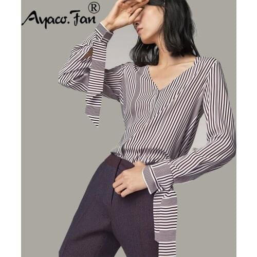 2019 Spring New Hot Red Striped V-Neck Shirts for Women Girls Formal Shirt Lady Long Sleeve Blouse Womans Casual Loose Blouses
