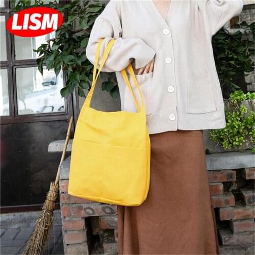 LISM Pure Color Handbag Bag Female High School Student Bag Shoulder Ins Hot Selling Bag Korean Simple Wild Canvas Women Bag