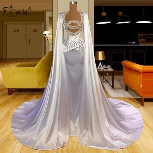 Ivory Sheer Neck Evening Dresses Long Cape Arabic Dubai Red Carpet Celebrity Party Dress 2021 Robe De Soiree Mermaid Prom Dress