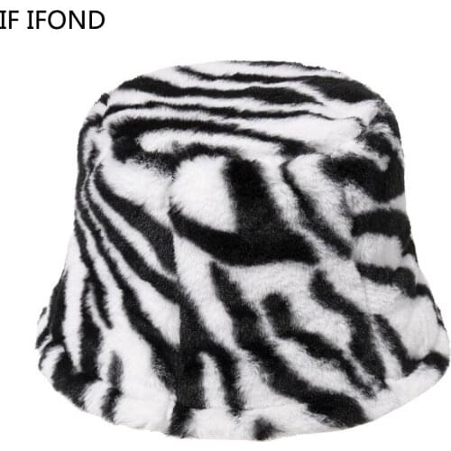 Winter Horse pattern Print Faux Fur Plush Bucket Hats For Women Outdoor Vacation Lady Panama Warm Hat Soft Velvet Fisherman Cap