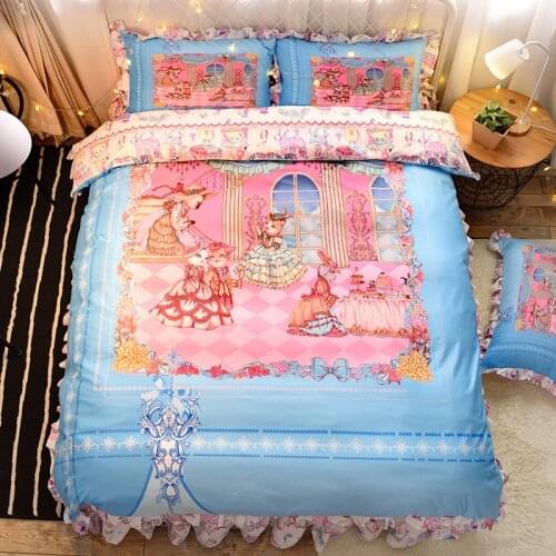 4Pcs/Set Princess Cat Party Duvet Cover Bed Cover Set Lotus leaf Girl Adult Child Bed Sheet And Pillow Cases Bedding Set Cartoon