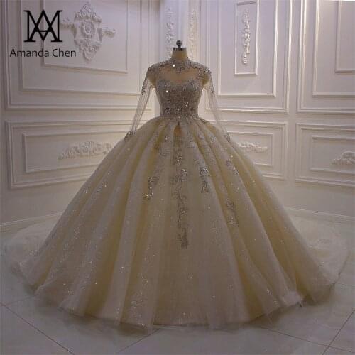 Robe de soiree courte High Neck Long Sleeve Lace Appliqued Ball Gown Wedding Dress