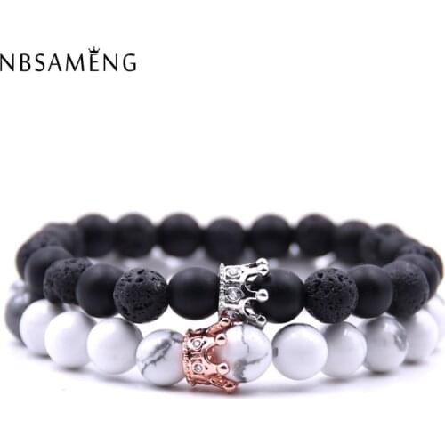 8MM Natural Stone Crown CZ Pave Beaded Bracelet For 2018 Men Women Stretch Bead Distance Bracelets Couple Jewelry Making Gift